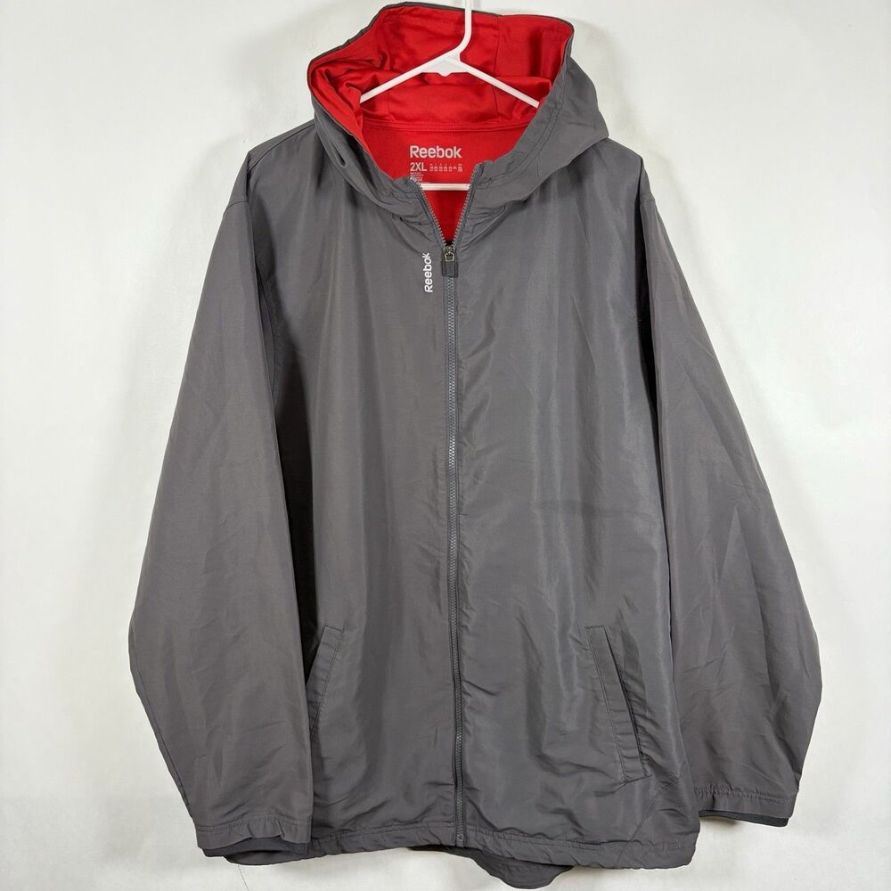 Reebok Full Zip Hooded Windbreaker Jacket Mens 2XL XXL Gray Red Pockets Spellout